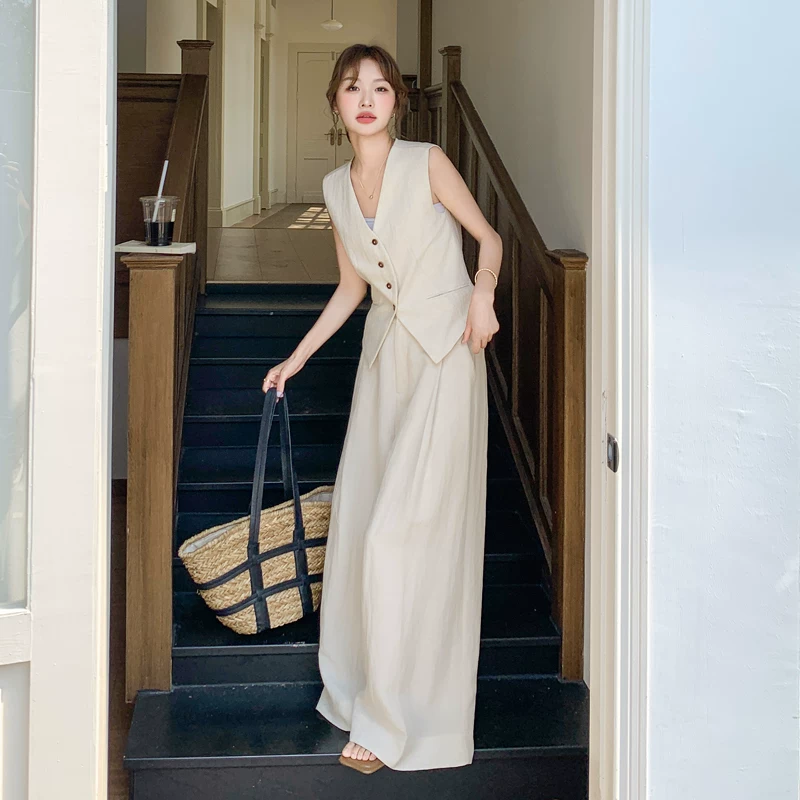 老钱风亚麻西装马甲阔腿两件套女2026新款夏季薄款透气高级感套装